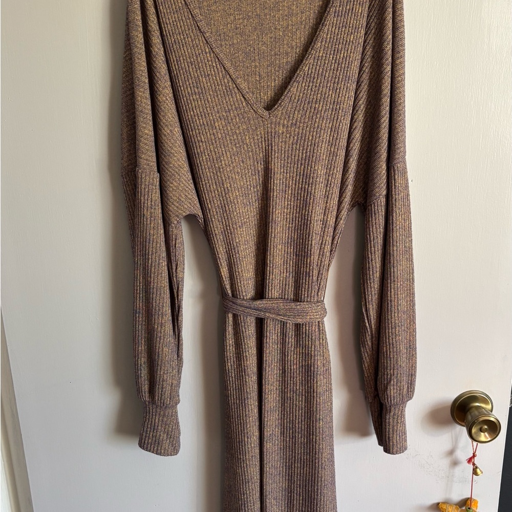 ASOS Long Sleeve V-Neck Knit Dress in Brown